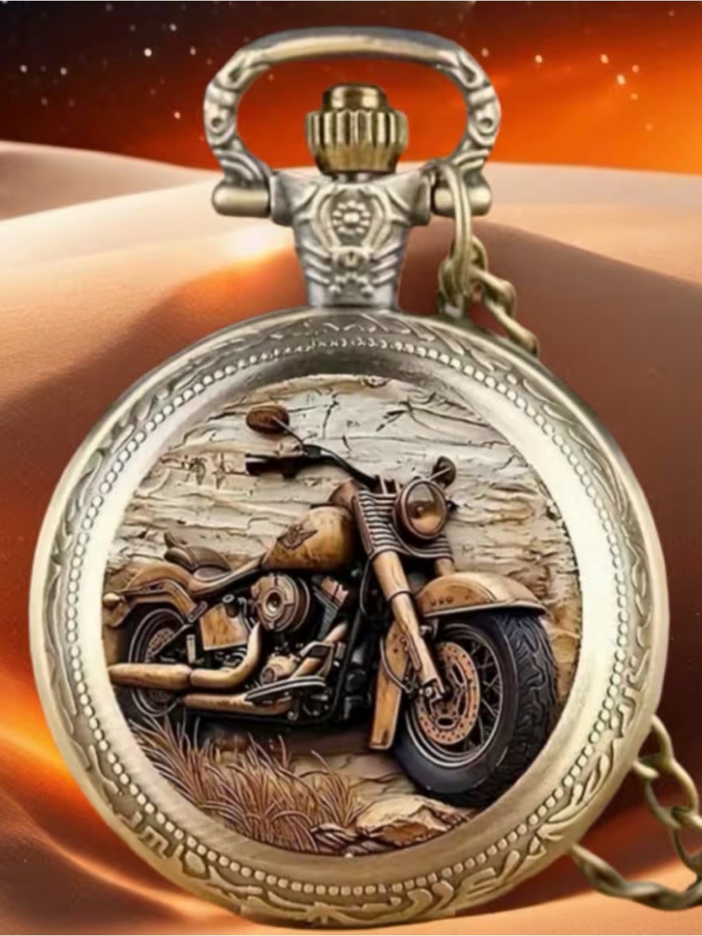 Vintage Style Motorcycle Pocket Watch - Bronze Tone